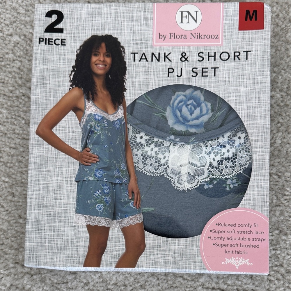Flora Nikrooz Blue Floral Lace Trim Pajama Set, Medium, NWT